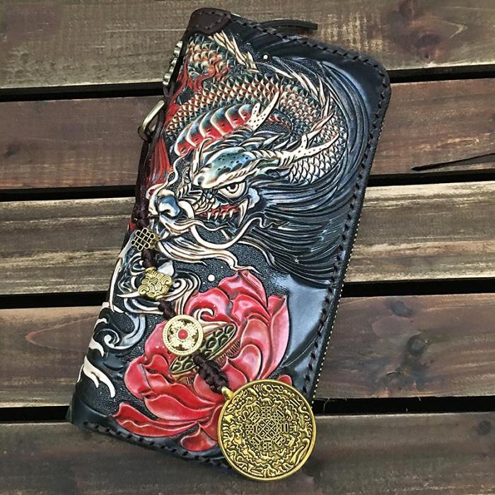 Black Handmade Chinese Dragon Tooled Leather Long Biker Wallet Chain Wallet Clutch Wallet For Men