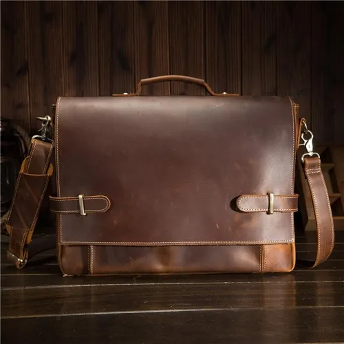 Cool Leather Mens Briefcases Business Briefcase Vintage Shoulder Bag HandBag for men