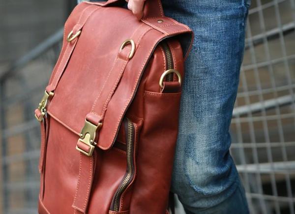 Red Brown Leather Mens Backpack Travel Backpacks Laptop Backpack for men