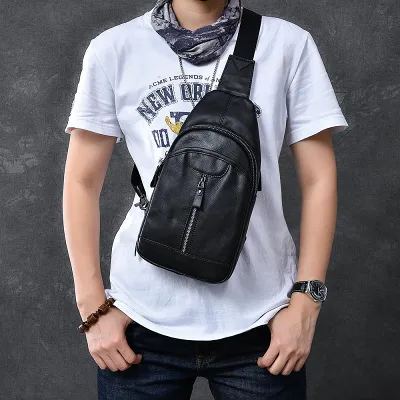 Cool Leather Mens 8 Black Sling Bag Chest Bag One Shoulder Backpack for Men