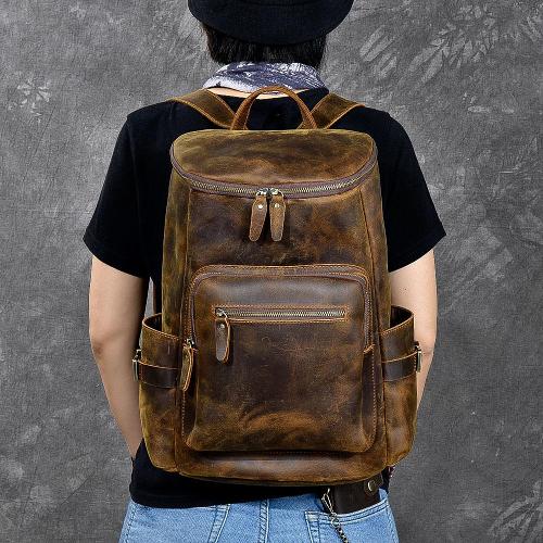 Brown Leather Mens 14 Laptop Large Backpack Hiking Backpack Travel Backpack College Bag for Men