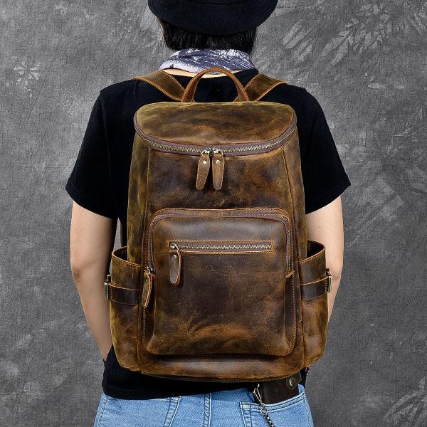 Brown Leather Mens 14 Laptop Large Backpack Hiking Backpack Travel Backpack College Bag for Men
