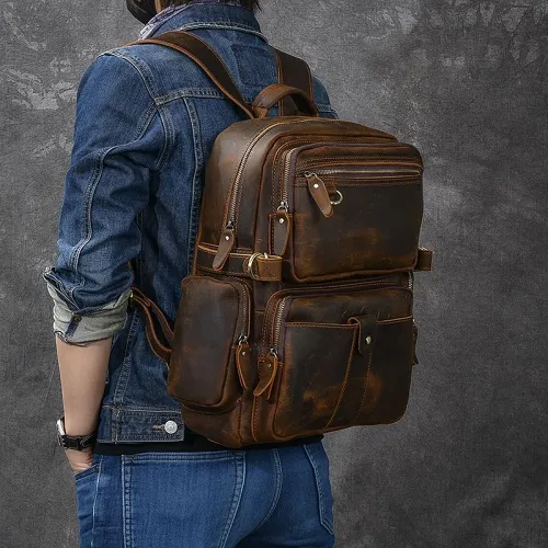 Brown Leather Mens 14 Laptop Hiking Backpack Travel Backpack College Backpack for Men