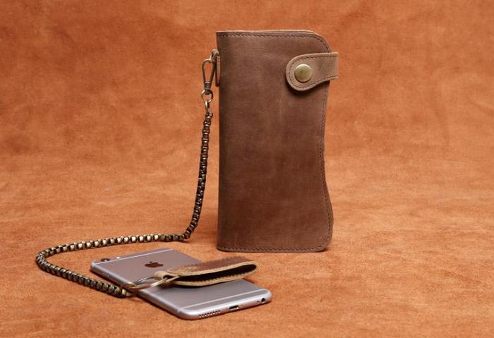 Handmade Genuine Leather Biker Wallet Mens Cool Chain Wallet Trucker Wallet with Chain