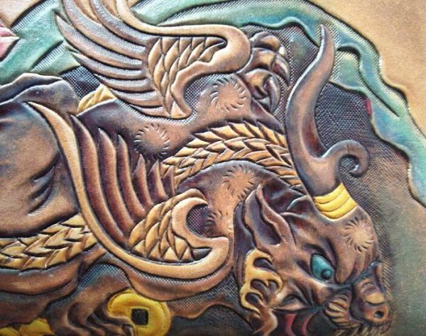 Handmade Leather Chinese Lion Tooled Mens Long Wallet Cool Leather Wallet Clutch Wallet for Men