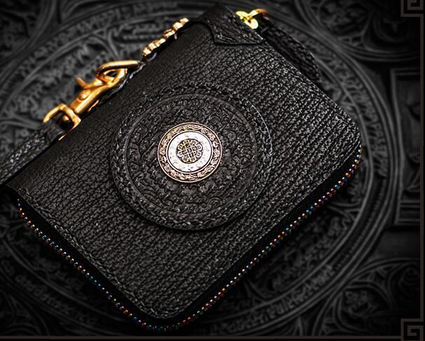 Handmade Leather Small Tooled Mens billfold Wallet Cool Chain Wallet Biker Wallet for Men