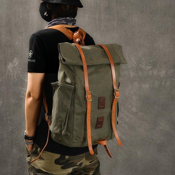 Cool Canvas Leather Mens Womens 16 Army Green Hiking Backpack Travel Backpack College Backpack  for Men
