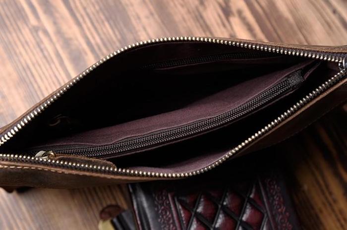 Handmade Leather Mens Clutch Cool Slim BagZipper Clutch Wristlet Wallet for Men