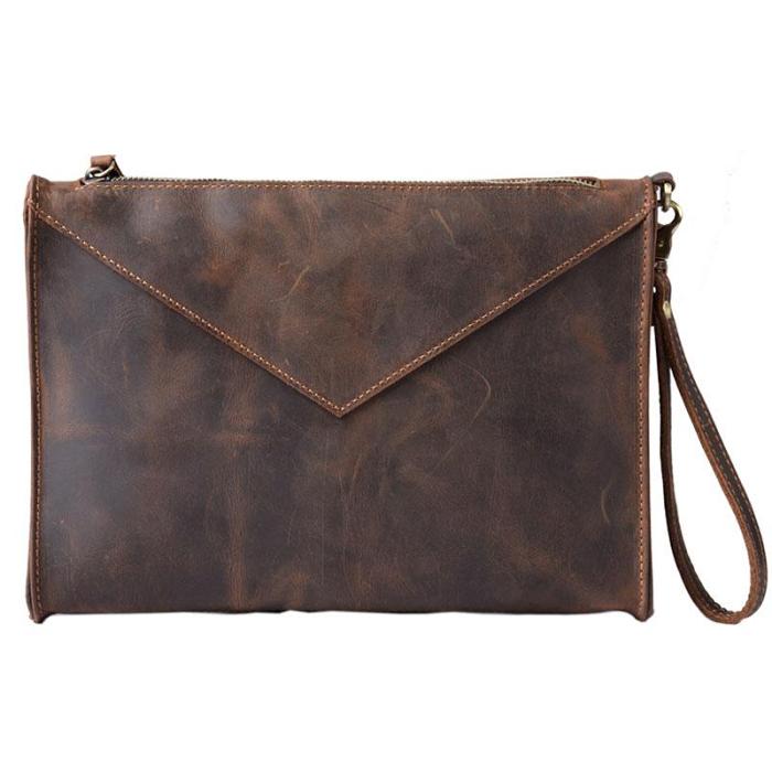 Handmade Leather Mens Clutch Cool Slim BagZipper Clutch Wristlet Wallet for Men