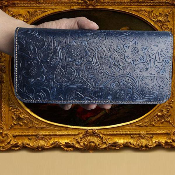 Handmade Leather Floral Mens Cool Travel Long Wallet Card Holder Card Slim Clutch Wallets for Men