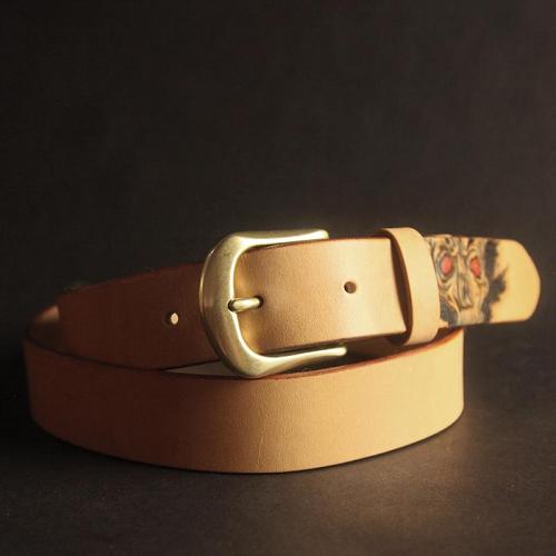 Cool Handmade Yellow Brown Skull Tooled Leather Mens Belt Carved Leather Belt for Men