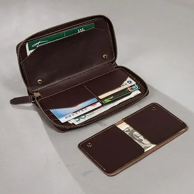 Coffee Leather Mens Zipper Travel Wallet Passport Wallet Clutch Wallets for Men