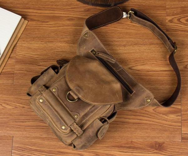 Cool Brown Leather Mens Fanny Pack Khaki Waist Bags Belt Tool Bag Hip Pack Belt Bag Bumbag for Men