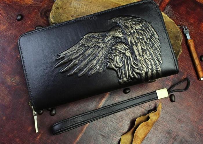 Handmade Leather Mens Tooled Indian Cool Zipper Phone Travel Long Wallet Card Holder Card Slim Clutch Wallets for Men