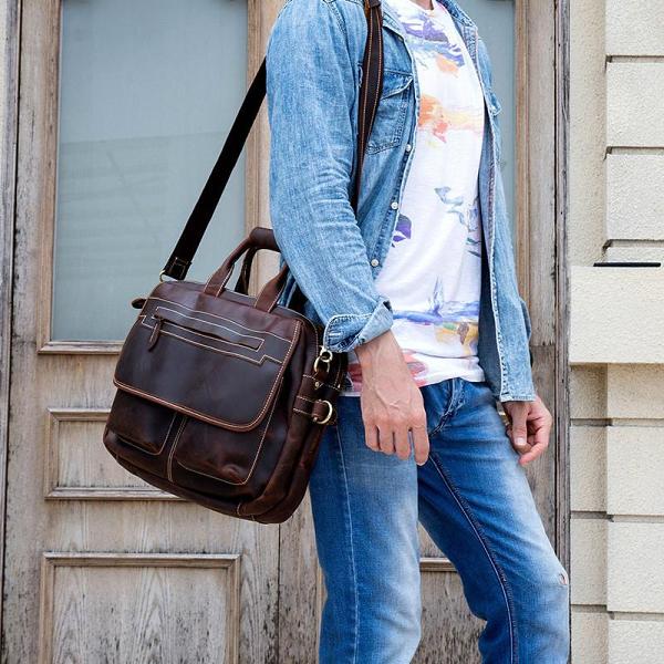 Vintage Cool Leather Briefcase Handbag Business Briefecases Shoulder Bag for men