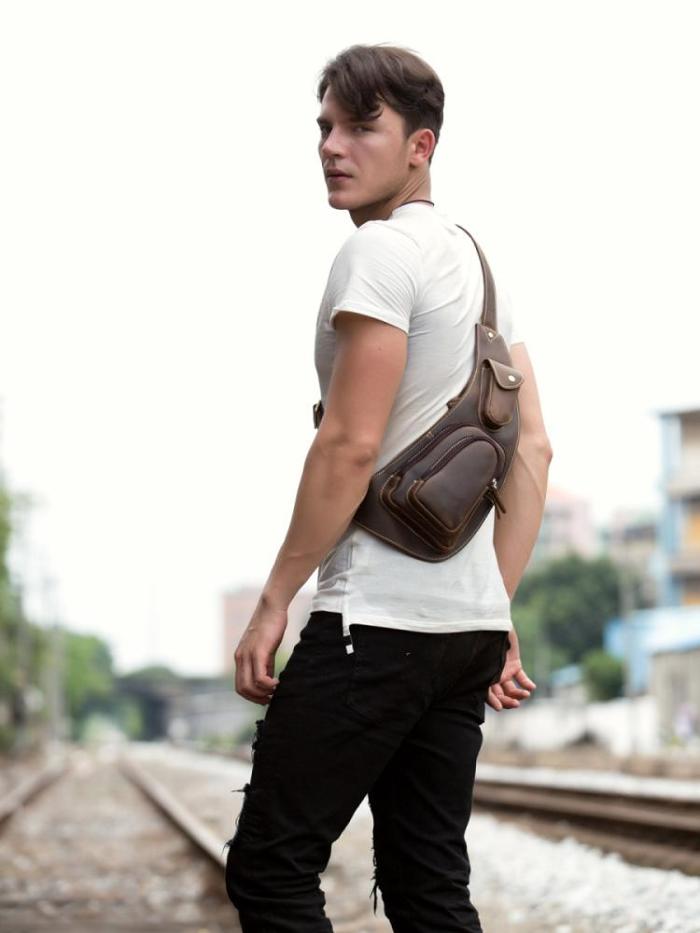 Leather Mens Cool Sling Bag Crossbody Bag Chest Bag for men