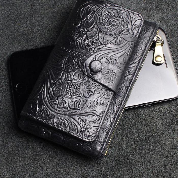 Handmade Leather Floral Mens Cool Key Wallet Wallet Card Holder Small Card Keychain Wallets for Men