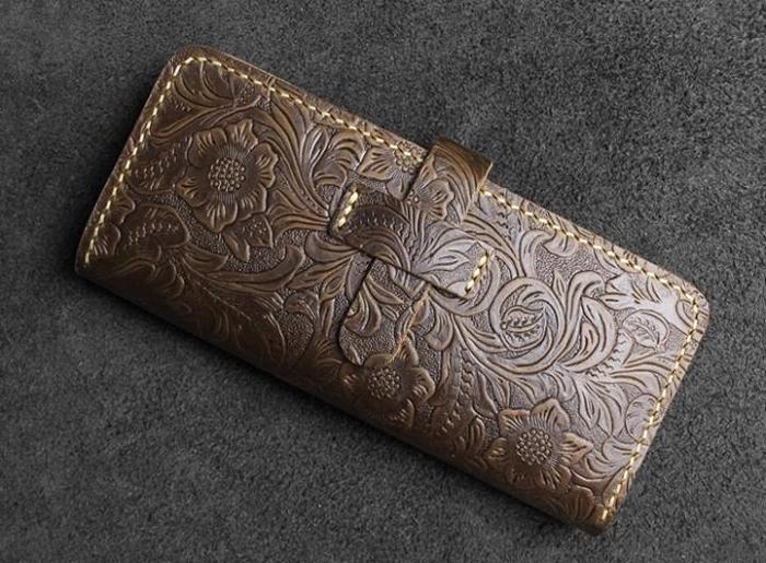 Handmade Leather Floral Mens Cool Travel Long Wallet Card Holder Card Slim Clutch Wallets for Men