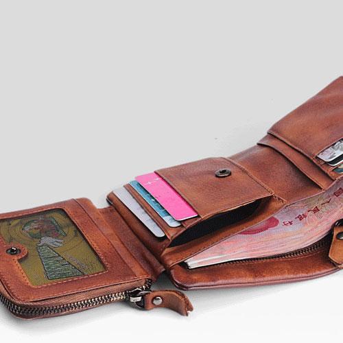 Handmade Mens Cool billfold Leather Wallet Men Small Zipper Wallets Trifold for Men