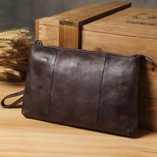 Cool Leather Mens Clutch Wristlet Bag Handmade Vintage Zipper Clutch for Men