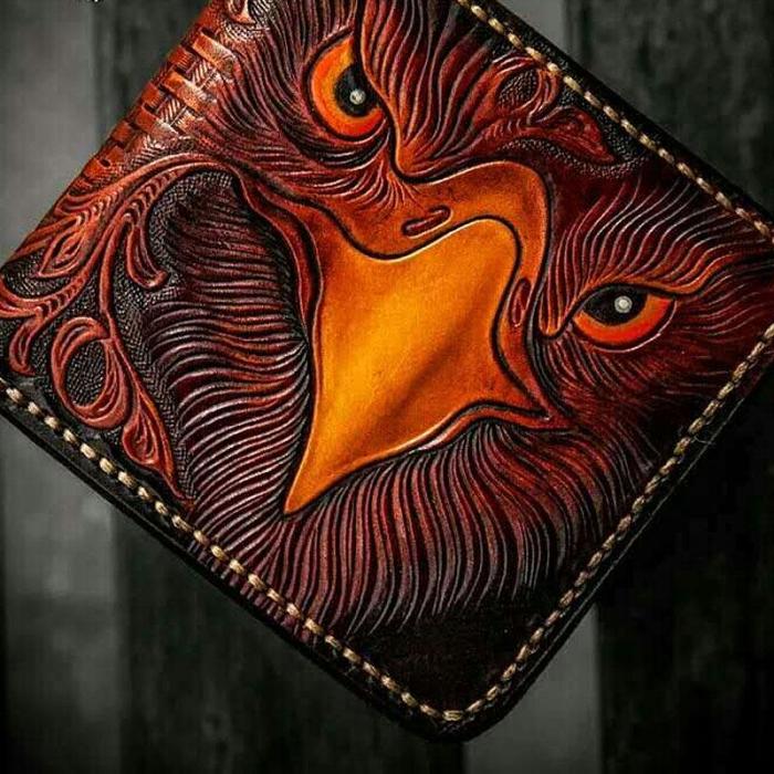 Handmade Leather Eagle Tooled Mens billfold Wallet Cool Leather Wallet Slim Wallet for Men