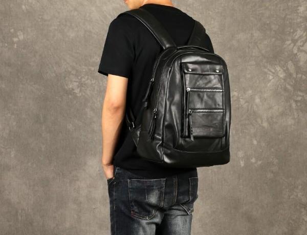 Genuine Leather Mens Cool Backpack Sling Bag Large Black Travel Bag Hiking Bag for men
