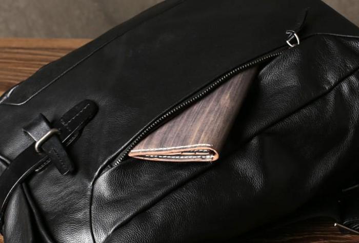 Genuine Leather Mens Cool Backpack Sling Bag Large Black Travel Bag Hiking Bag for men