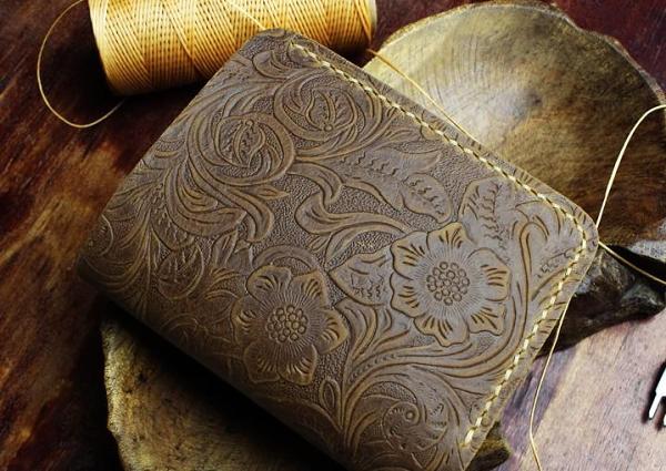 Handmade Leather Floral Mens Cool Slim Leather Wallet Men billfold Wallets Bifold for Men