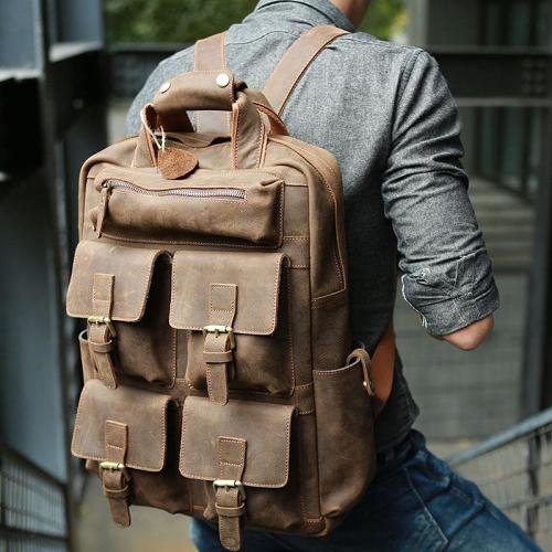 Vintage Coffee Mens Leather Backpacks Travel Backpacks Laptop Backpack for men