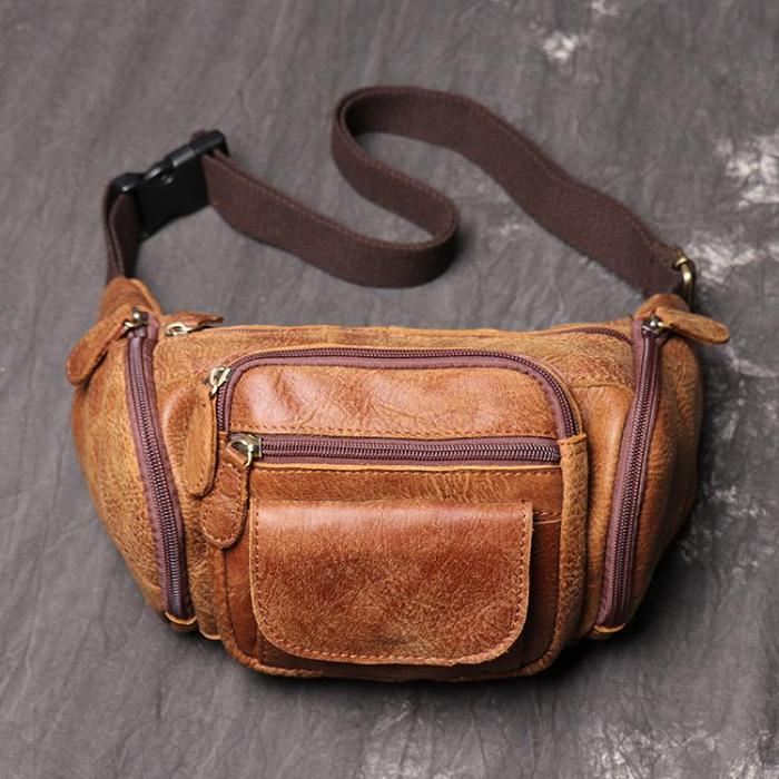 Black Leather Mens Crossbody Fanny Pack Leather Belt Bag for Men