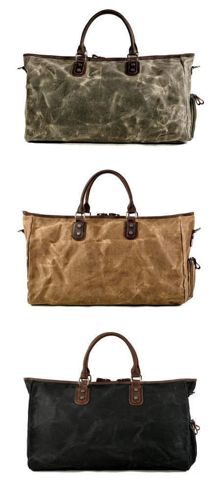 Casual Waxed Canvas Leather Mens Large Black Travel Weekender Bag Green Duffle Bag for Men