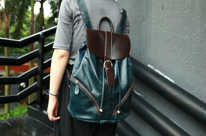 Cool Green Mens Leather Backpack Travel Backpacks Laptop Backpacks for men
