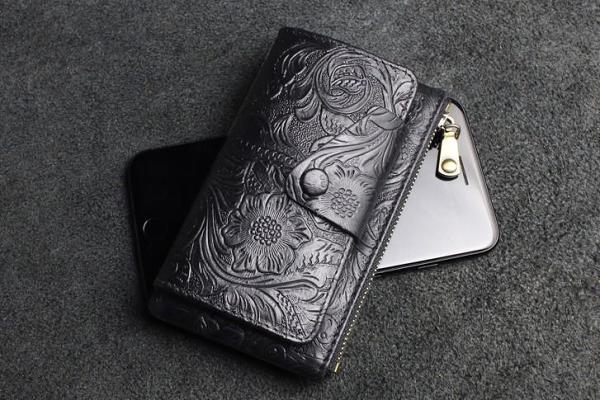 Handmade Leather Floral Mens Cool Key Wallet Wallet Card Holder Small Card Keychain Wallets for Men