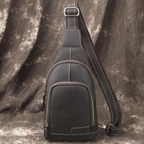 Cool Black Mens Leather Sling Bag Sling Backpack Chest Bag Sling Shoulder Bag For Men