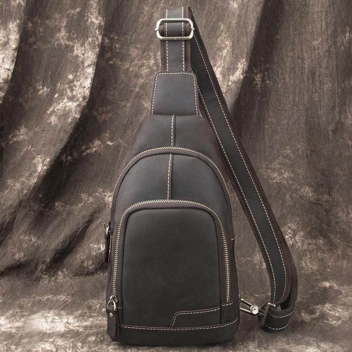Cool Black Mens Leather Sling Bag Sling Backpack Chest Bag Sling Shoulder Bag For Men