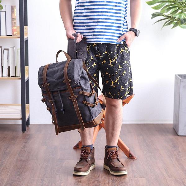 Cool Canvas Leather Mens Womens Dark Gray Backpack Army Green Travel Backpack College Backpack for Men