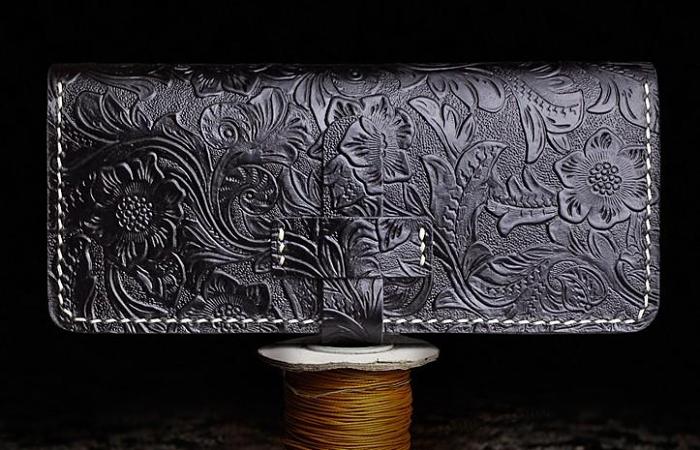 Handmade Leather Floral Mens Cool Travel Long Wallet Card Holder Card Slim Clutch Wallets for Men