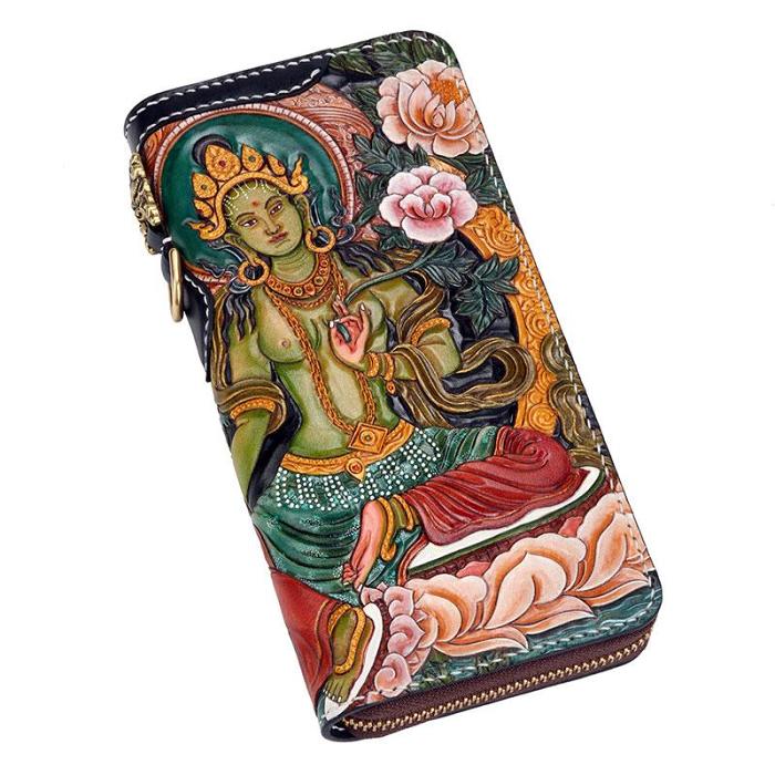Handmade Leather Green Tara Buddhism Mens Chain Biker Wallet Cool Leather Wallet With Chain Wallets for Men