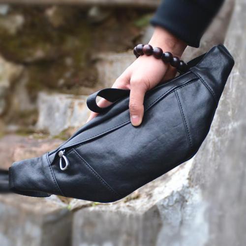 Small Black Leather Fanny Pack Men's Leather Chest Bag Black Leather Hip Bag Small Waist Bags For Men