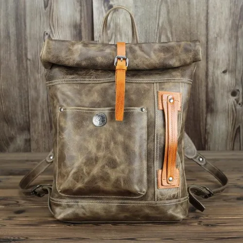Mens Leather 14 inches Large School Laptop Backpack Rollup Khaki Brown Travel Backpacks for Men