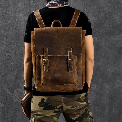 Brown Leather Mens 14 Laptop Backpack Hiking Backpack Travel Backpack College Bag for Men
