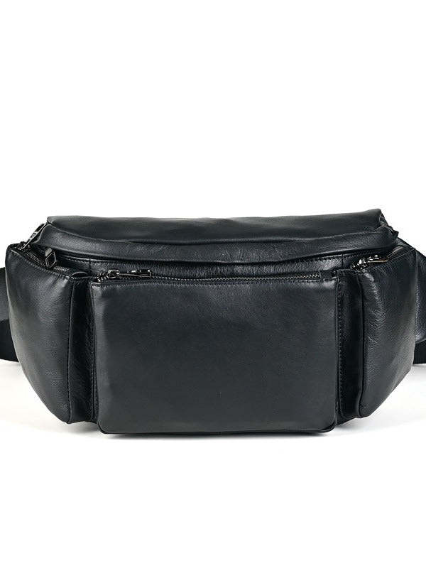 Large Black Leather Fanny Pack Men's Black Chest Bag Hip Bag Large Capacity Waist Bag For Men
