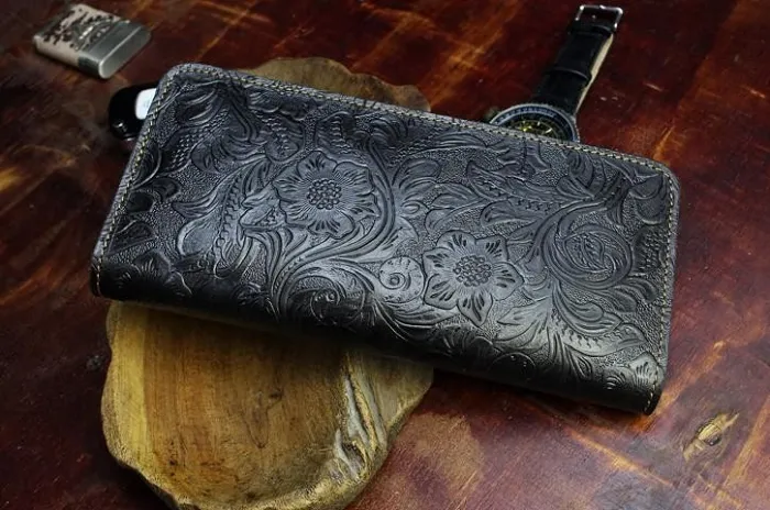 Handmade Leather Floral Mens Cool Travel Long Wallet Card Holder Card Slim Clutch Wallets for Men