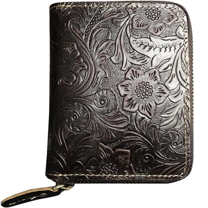 Handmade Leather Floral Mens Zipper Cool billfold Wallet Card Holder Small Card Slim Wallets for Men