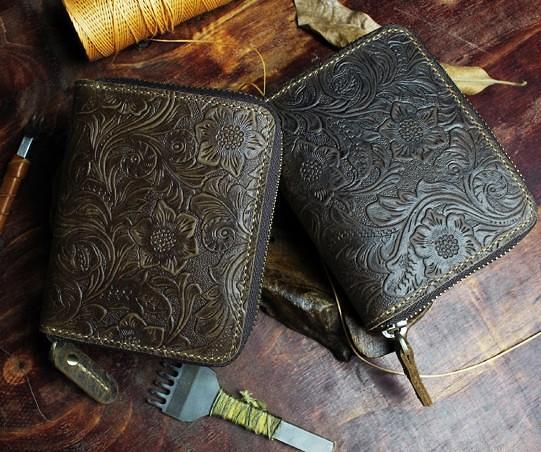 Handmade Leather Floral Mens Zipper Cool billfold Wallet Card Holder Small Card Slim Wallets for Men