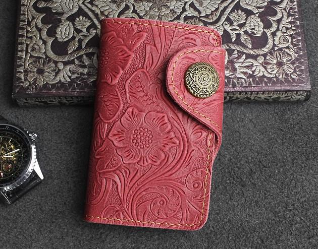 Handmade Leather Floral Mens Cool Key Wallet Wallet Card Holder Small Card Keychain Wallets for Men