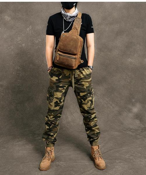 Cool Leather Mens 10 Brown Sling Bag Chest Bag Dark Coffee One Shoulder Backpack for Men