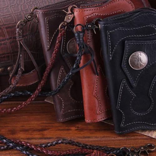 Handmade Genuine Leather Mens Cool Biker Chain Wallet Long Leather Wallet Clutch Wristlet Wallet for Men