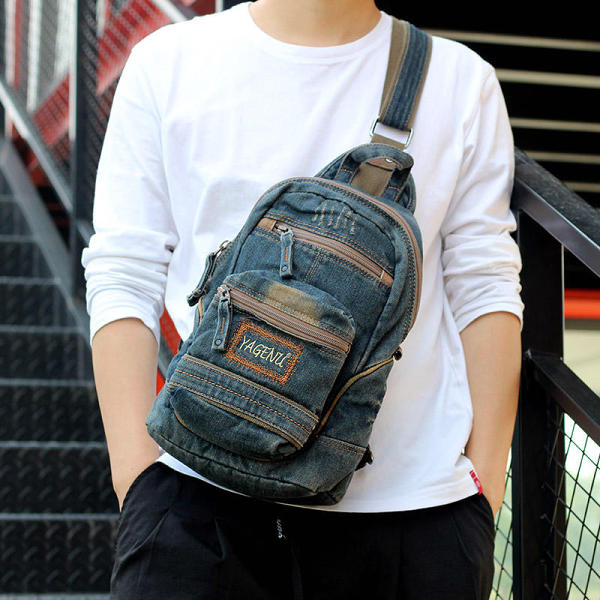 Denim Blue Mens Large Sling Bag Chest Bag Chest Pack Vintage Jean Crossbody Sling Bag For Men