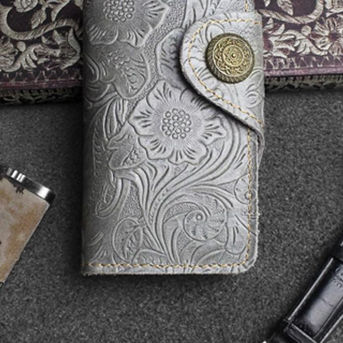 Handmade Leather Floral Mens Cool Key Wallet Wallet Card Holder Small Card Keychain Wallets for Men